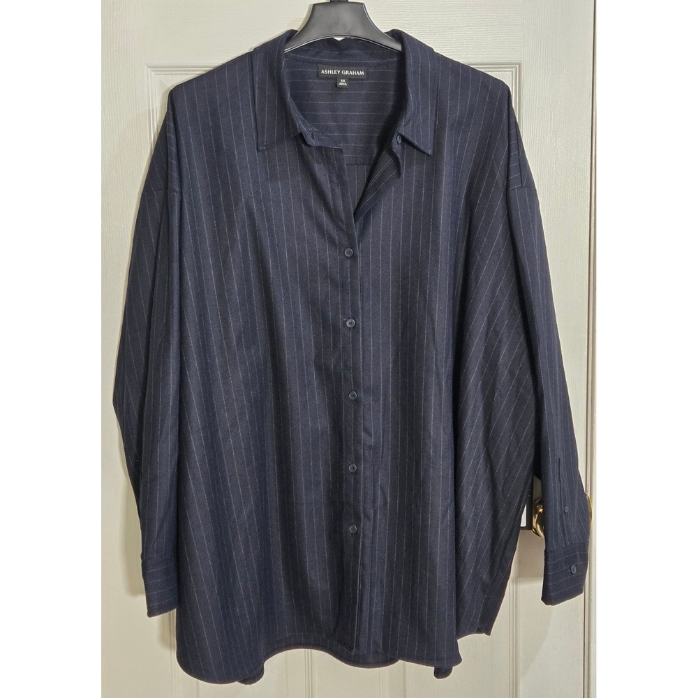 Ashley Graham Navy Stripe Oversized Button Down Shirt Blouse 5X New